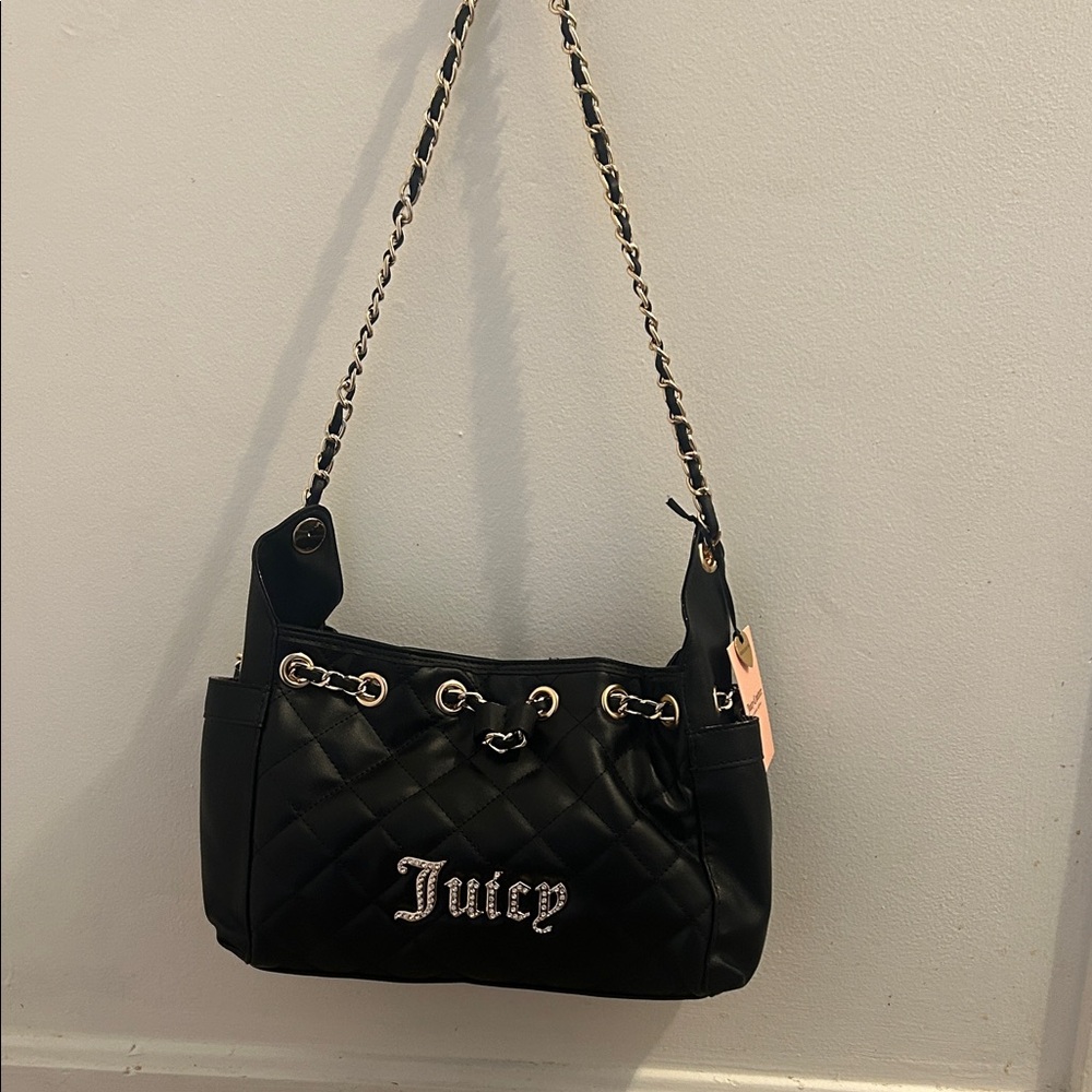 Juicy Couture Black Quilted Chain-Handle Shoulder Bag with Logo
